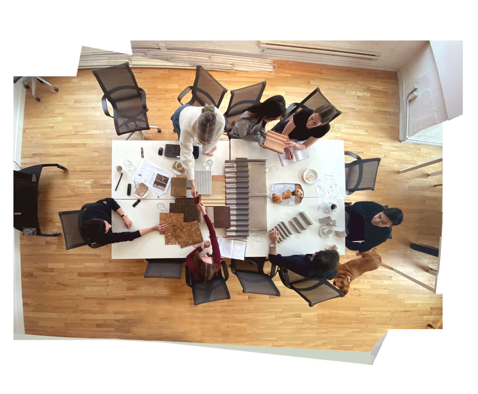 Arial photo of team working at a table